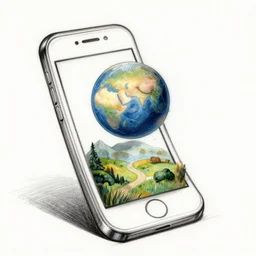 sketch of a phone, phone in black and white in 2 d, a planet and his landscape pop up in 4 d in color, planet and landscape popping out of the screen, 3 d illusion, by maurits cornelis escher