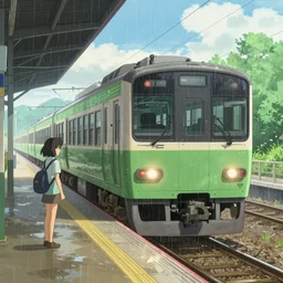 a train, at the train station, the movie the garden of words by makoto shinkai, a little bright, light rain, moist, 8 k, unreal engine