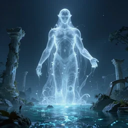 eerie, greek fantasy panorama, a magnificent translucent shining ghost giant above the magic shining river styx, at night, otherworldly