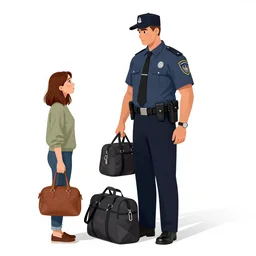 tall, security guard checks the bags of a worried looking woman, art in the style of the new yorker,