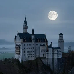silhouette of a castle on misty mountains, highly detailed, beautiful, calm, full moon