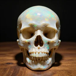 human skull carved from opal sitting on a wooden table, downlighting, symmetrical