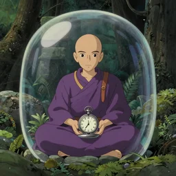 hyperrealist, studio ghibli dull colors portrait from close encounters of the third kind 1 9 7 7 of a mauve pocketwatch monk meditating in a cubic bubble jungle stonehenge.