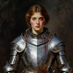 portrait of a warrior princess in armor with blood on face by brom and nc wyeth
