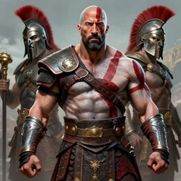 a highly detailed beautiful portrait of dwayne johnson kratos hybrid god of war, spartan warrior, olympian god, muscular!!, james gurney, frank frazetta, boris vallejo, octane, fantasy