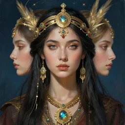 symmetrical portrait painting of a shamanic priestess and her higher self, fantasy, beautiful face, gorgeous, magic, cinematic lighting, extremely detailed, sharp focus, by thomas kinkade, lise deharme, hans zatzka, george stubbs, louis wain, alphonse mucha, intricate, beautiful, award winning, trending on artstation, pixiv
