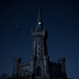 polaris, the north star, the pole star, evil and monstrous, stone watchtower, night sky, castle, lonely, insanity, winking hideously like an insane watching eye which strives to convey some strange message, yet recalls nothing save that it once had a message to convey, artstation, 8 k, highly detailed, by hieronymus bosch,