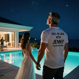 at night, in the middle of a party in a modern luxury villa with a pool view on the Sint Maarten Lagoon : focus on the back of an athletic handsome graying man carrying a white shirt with the mention FALL IN LOVE WITH JENNY NEVER RETURN, he's looking up a beautiful night sky full of stars, his silhouette glowing with the teal  light from the pool, he is holding the hand of beautiful woman in a wedding dress. stylised highly detailed, artstation, colourful, strong