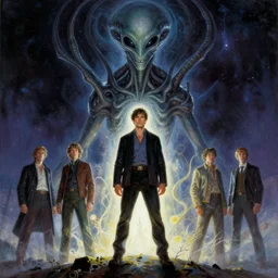 a painting of a man standing in front of a giant alien, poster art by les edwards and by ralph mcquarrie and by peter elson, cgsociety, space art, lovecraftian, cosmic horror, poster art