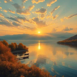 hyper realistic painting of lake balaton, golden hour, sunset, gorgeous lighting by kim jung giu