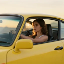 an attractive young women driving a yellow 1 9 8 5 porsche 9 1 1 turbo, sunset, 4 k