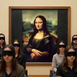 mona lisa drawn on a blackboard in a room full of blindfolded people