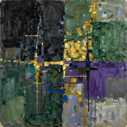 abstract painting in black, dark green, gold, purple, painted by Pat Steir, Julian Schnabel, Helen Frankenthaler, Pat Steir and Hilma af Klint, abstract painting. 8k, pastose, dripping paint, extreme detail, intricate detail, masterpiece