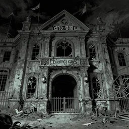 an entrance to an abandoned theme park, by richard corben, zdzisław beksinski. goosebumps cover art. pulp horror art.