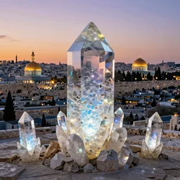 a beautiful jerusalem city with lots of glowing crystals, sunset lighting,