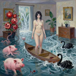 painting of flood waters inside an apartment, sensual female emo art student, a river flooding indoors, pomegranates, pigs, ikebana, water, octopus, river, rapids, waterfall, black swans, canoe, berries, acrylic on canvas, surrealist, by magritte and monet