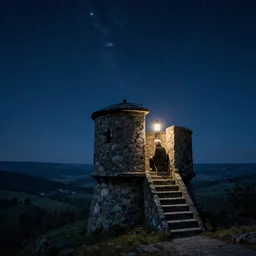 old man sitting alone in a stone watchtower overlooking a valley, signal lamp, stone steps, loneliness, night sky, polaris, the north star, the pole star, winking hideously like an insane watching eye, 8 k, trending on artstation, artgerm, by hieronymus bosch, highly detailed, ultra detailed,