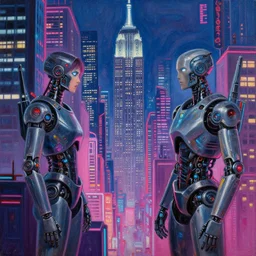 painting of new york city cyberpunk style, neon lights, robots, fine details, magali villeneuve, artgerm, rutkowski