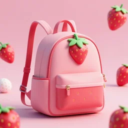 a model backpack in strawberry fruit shape, digital art, artgem, octane render, lowpoly render, artstation, hasselblad photo, 4 k resolution, fashion design, product photo, product design, colorful background, strawberry