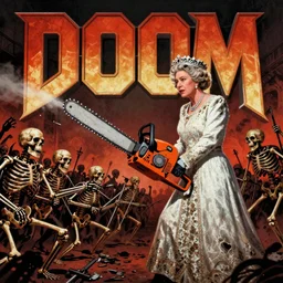 Queen Elizabeth 2 with a chainsaw in her hands fights with an army of skeletons in hell, in the style of the cover of the 2 part of doom,