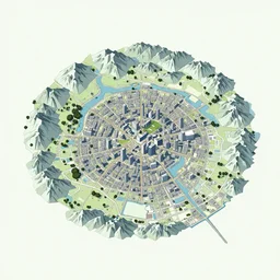A map of a city built within a ring of mountains, pixel art