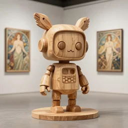 3D 8k octan render ,ultra photorealistic, detailed unreal engine ,a wooden sculpture wooden art toys wooden on feet : very cute robot wooden with birds  ears zen méditation cyberpunk concept art wooden ,trending on cgsociety, a contemporary art gallery art  in néo Paris ,art by Alphonse Mucha