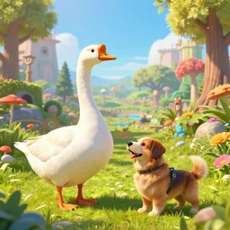 a white goose press a dog by wenjun lin, irakli nadar, bright colors, octopath traveler, wenjun lin, unreal engine 5 highly rendered, global illumination, radiant light, detailed and intricate environment