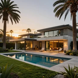 beautiful california home sunset lush green exterior palm trees modern glass walls pool golden hour