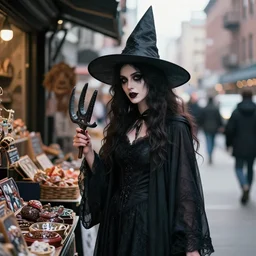 dramatic color full portrait photo of a beautiful female witch shopping in a new york street, detailed and creepy, by bruce gilden, by annie leibovitz, by diane arbus, fujifilm velvia 5 0, color photography, sigma 2 8 mm
