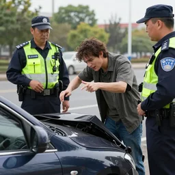 a drunk person explaining to a policeman how did he crash his car, highly detailed