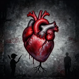 graffiti of a dripping anatomical heart with roots growing above it, sadness, dark ambiance, concept by godfrey blow, banksy, featured on deviantart, sots art, lyco art, artwork, photoillustration, poster art