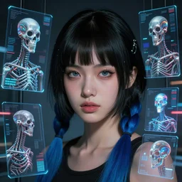 beauty young spanish woman with short black hair with blue pigtails portrait in holograms of terminator artifacts, electrical case display, Minority Report tech, ultrarealistic, dramatic lighting, electrical details, high details, 4k, 8k, best, accurate, trending on artstation, artstation, photorealism, ultrarealistic, digital painting, style of Peter Mohrbacher, Caravaggio, Boris Vallejo
