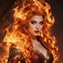 a beautiful portrait of a gorgeous female pyromancer with flaming hair, digital art, photorealistic, intricate detail