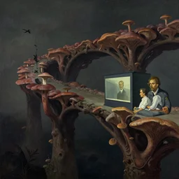 fungal viaduct, dark aesthetic, soft colors, dramatic lighting, cinematic, illustrated by francisco goya, caravaggio, edward hopper, and jean - michel basquiat