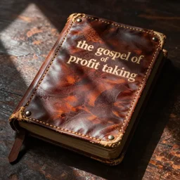 an old leather book cover titled the gospel of profit taking, very detailed