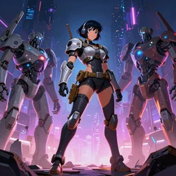 wide angle shot, android steampunk female warrior, scifi robots, neon lights, james gurney, katsuhiro otomo, james paick, cinematic lighting, artstation, vibrant nature, anime style, Craig Mullins, Greg Rutkowski, Pete Morbacher, Tuomas Korpi, tekkon kinreet, volumetric light, artstation, , octane render, redshift render, low angle camera, ~w 1600