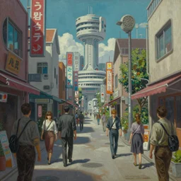 cinematic view of a retro scifi osaka suburb, people, desaturated, psychedelic, tim hildebrandt, wayne barlowe, bruce pennington, donato giancola, larry elmore, oil on canvas, masterpiece, trending on artstation, featured on pixiv, cinematic composition, dramatic, beautiful lighting, sharp, details, hyper - detailed, hd, hdr, 4 k, 8 k