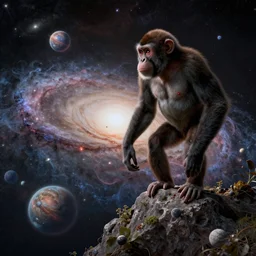 one ape standing on the edge of a galaxy fill with small planets, by aivazofsky, fine detail