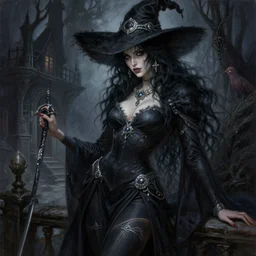 painting of alluring witch in the haunted house, detailed face, messy black hair, skintight robes and leggins, hat, silver accessories, high fantasy, dnd, extremely detailed, smooth, sharp focus, intricate, art by rebecca guay, rossdraws, magali villeneuve