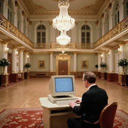 an estate agent photo of the grand ballroom of a palace, a 1 9 6 0 s computer in the middle