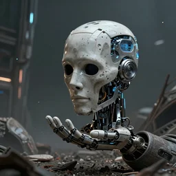 a headless cyborg holding its own head in a palm, destruction, post apocalyptic, 4K, futuristic art ,