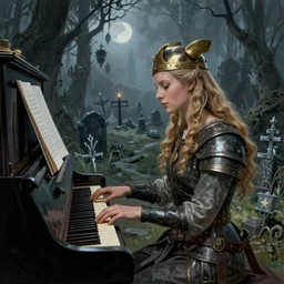 A Viking warrior queen playing a piano in an enchanted graveyard, by Arnold Böcklin and Tom Bagshaw, breathtaking digital 2d cover art
