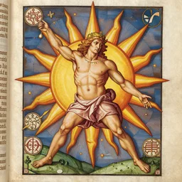 an extremely detailed manuscript depicting a monstrous image of the god apollo transforming into a stylized sun, medieval, renaissance, manuscript, woodcut, in the style of albrecht durer, alchemical symbols