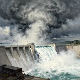 a dam, breaking, powerful water flowing, incredible detail, massive giant atmosphere, by moebius and mohrbacher, incredible concept art masterpiece