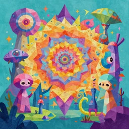 low poly, pixar, a beautiful painting of a naturaleza alieniegena y extranas figuras, todo hecho con papel de pinata, mandala, grunge textures con explosion of color by mattey y su universo pop en un mundo de gediminas pranckevicius