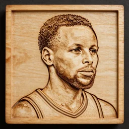 steph curry wooden carving portrait, intricate 14th century woodblock