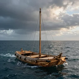a homemade wooden raft in the ocean