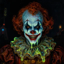 baroque neoclassicist close - up portrait of a retrofuturistic uv blacklight dark alien horror clown dripping in glowing toxic slime. dark black background, glowing circus atmosphere. highly detailed science fiction painting by norman rockwell, frank frazetta, and syd mead. rich colors, high contrast, gloomy atmosphere. trending on artstation and behance.