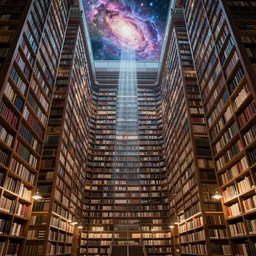 interior of the library of the universe, infinitely tall bookshelves, highly detailed, soft lighting, god rays, open roof exposing brilliant nebula, concept art by simon stalenhag ilya repin greg danton brian sum max bedulenko igor krstic james suret pascal blanche illustration unreal engine render