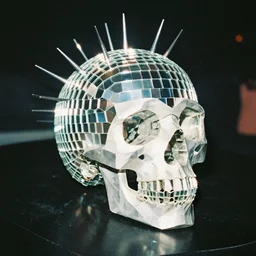 a low poly disco skull full of long spikes, reflecting light in a nightclub, grainy film photograph